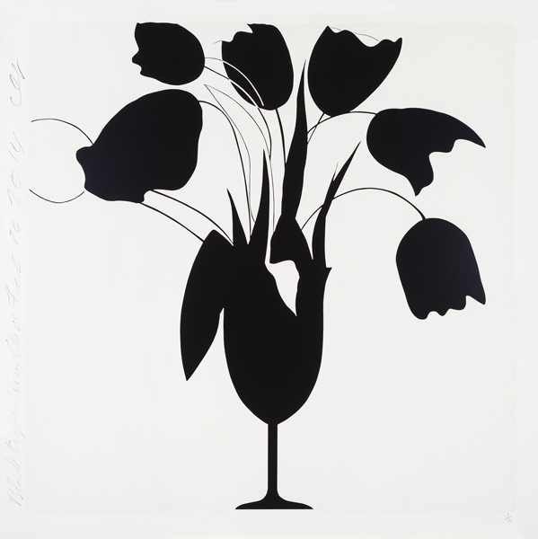 Black Tulips and Vase, February 26, 2014, 2014, Screenprint with tar-like texture on board, 46 x 46 inches (116.8 x 116.8 cm), Edition of 50