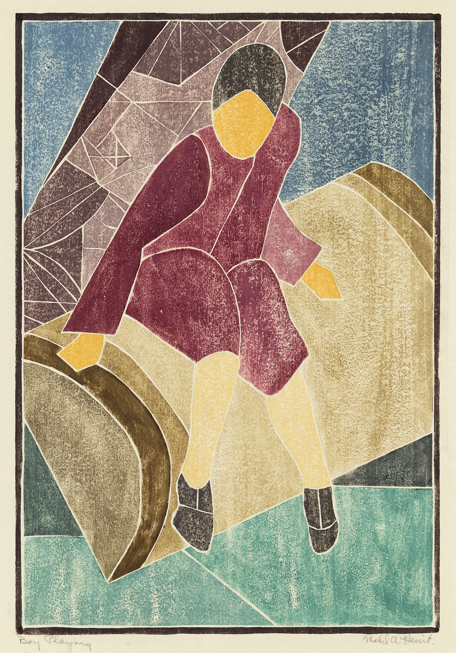 Boy Playing, c.1930, Provincetown white line woodcut, 18 x 13 1/2 inches (45.7 x 34.3 cm), Edition size unknown, rare