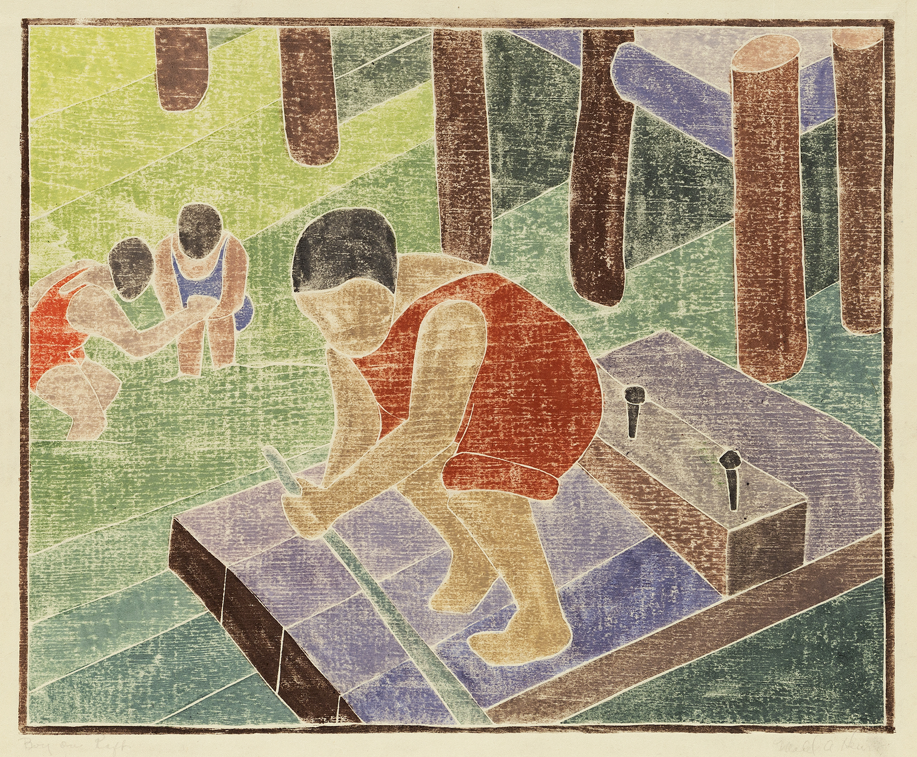 Boy on a Raft, 1933, White line woodcut, 14 1/2 x 18 1/4 inches (36.8 x 46.4 cm), Edition size unknown, rare