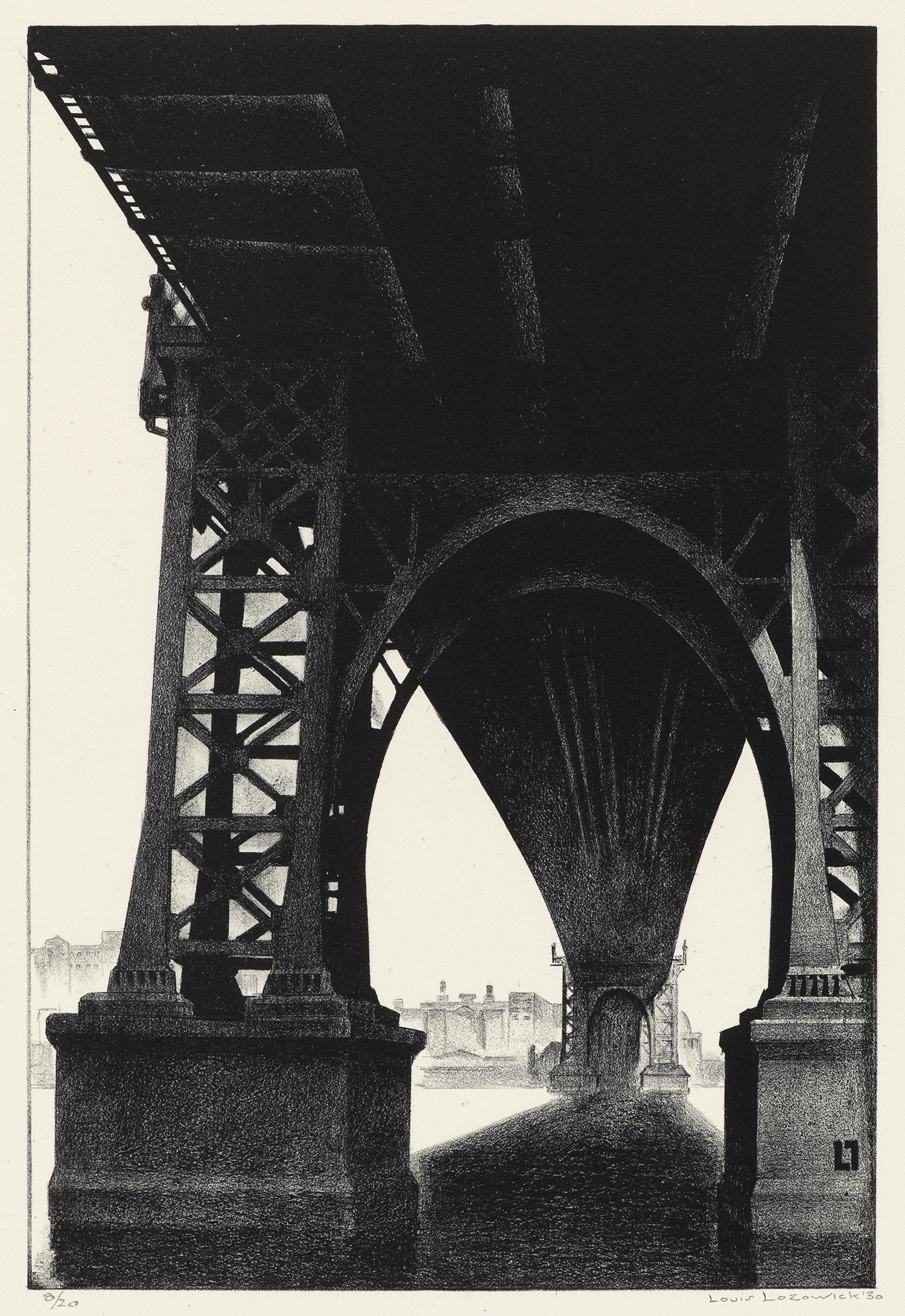 Bridge in Shadow (Williamsburg Bridge), 1930, Lithograph, 12 x 8 1/4 inches (30.5 x 20.3 cm), Edition of 20