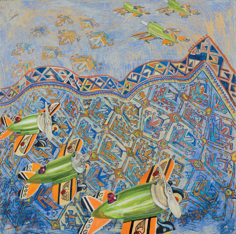 Carpet Bombing, 2013, Gouache and silverpoint on linen, 22 x 22 inches (55.9 x 55.9 cm)