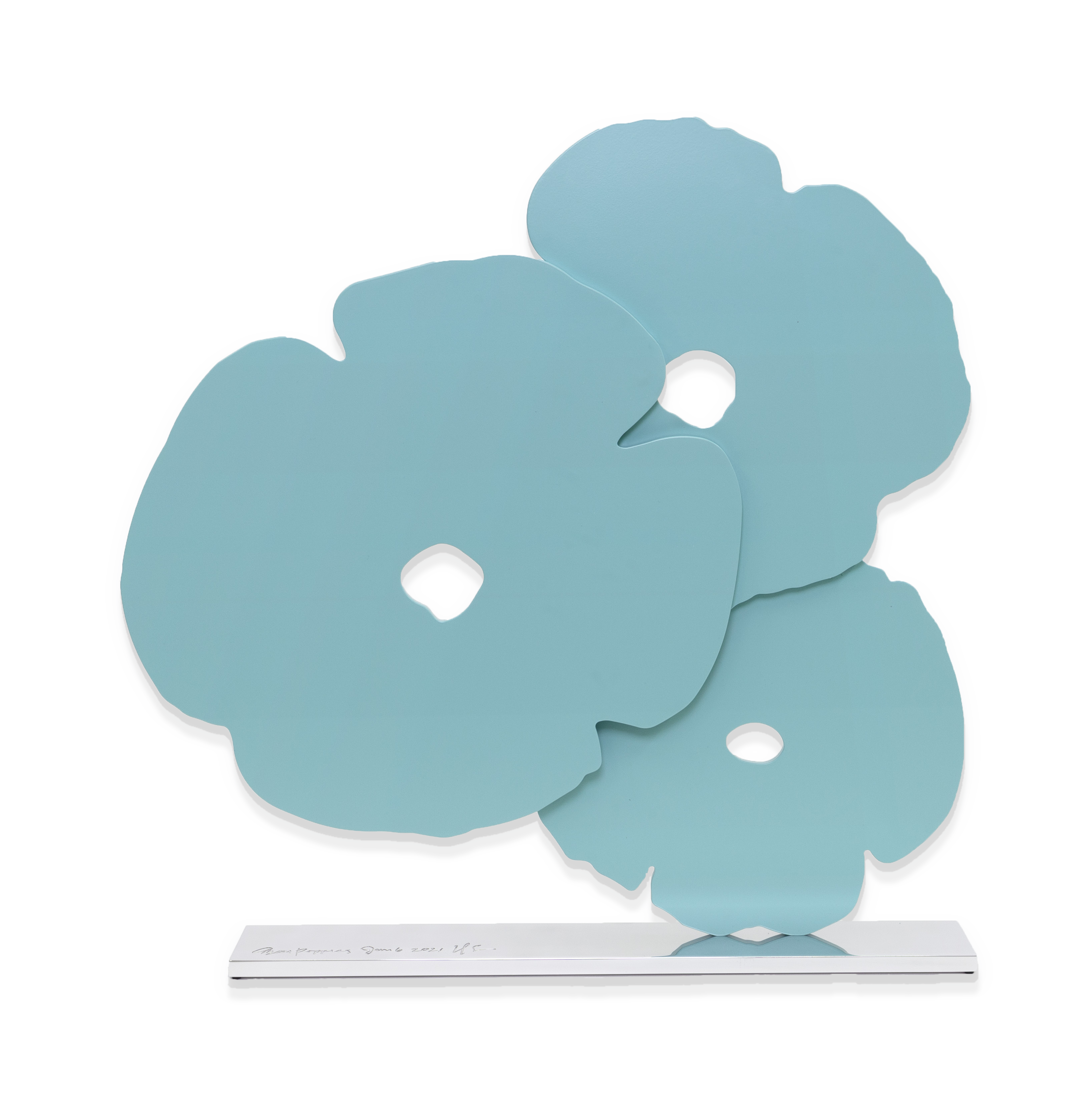 Donald Sultan Aqua Poppies, Jan 6, 2021, 2021 Shaped aluminum with aqua powder coat on polished aluminum base 24 1/2 x 24 x 3 1/2 inches (62.2 x 61 x 8.9 cm) Edition of 25