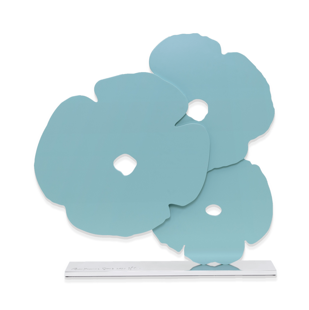 Donald Sultan Aqua Poppies, Jan 6, 2021, 2021 Shaped aluminum with aqua powder coat on polished aluminum base 24 1/2 x 24 x 3 1/2 inches (62.2 x 61 x 8.9 cm) Edition of 25