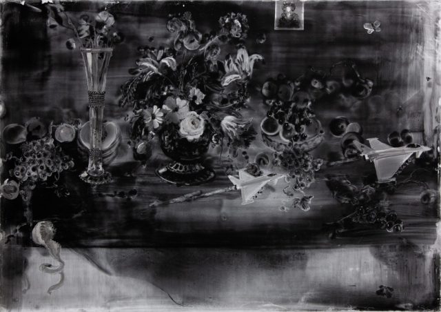 Still Life with Eurofighter, 2018, Graphite, resin, and oil on coated paper, 28 3/8 x 40 1/8 inches (72.1 x 101.9 cm)