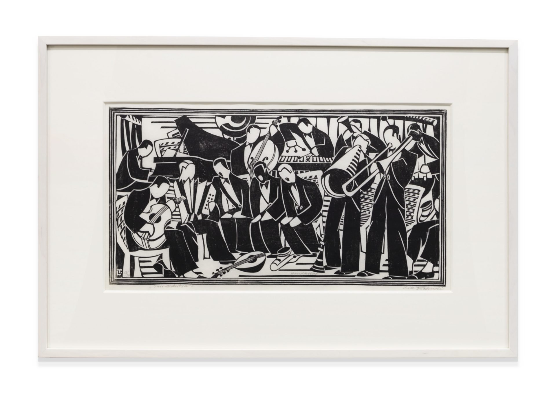 Lill Tschudi Jazz Orchestra, c. 1935 Linocut on Japon paper Image Dimensions: 10 5/8 x 20 3/8 inches (27 x 51.8 cm) Paper Dimensions: 12 x 24 1/2 inches (30.5 x 62.2 cm) Edition 18 of 50