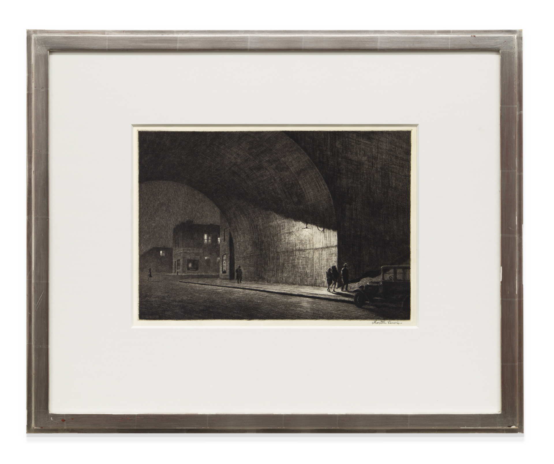 Martin Lewis Arch, Midnight, 1930 Drypoint Image Dimensions: 8 1/8 x 11 5/8 inches (20.6 x 29.5 cm) Paper Dimensions: 12 1/8 x 16 inches (30.8 x 40.6 cm) Framed Dimensions: 16 1/2 x 20 1/4 inches (41.9 x 51.4 cm) Edition of 99