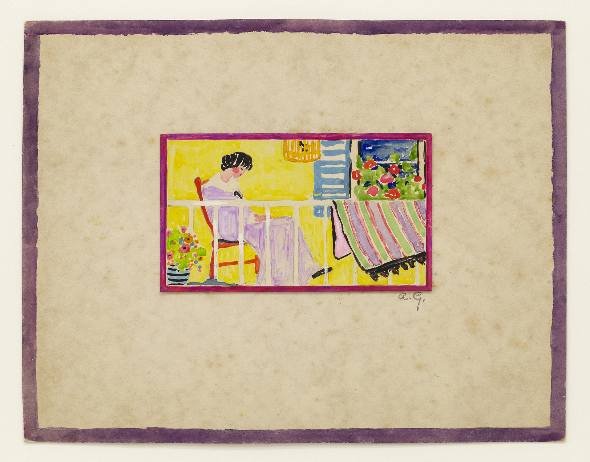 Untitled (On the Porch with Striped Rug), 1915, Watercolor, 8 3/4 x 11 1/8 inches (22.2 x 28.3 cm)
