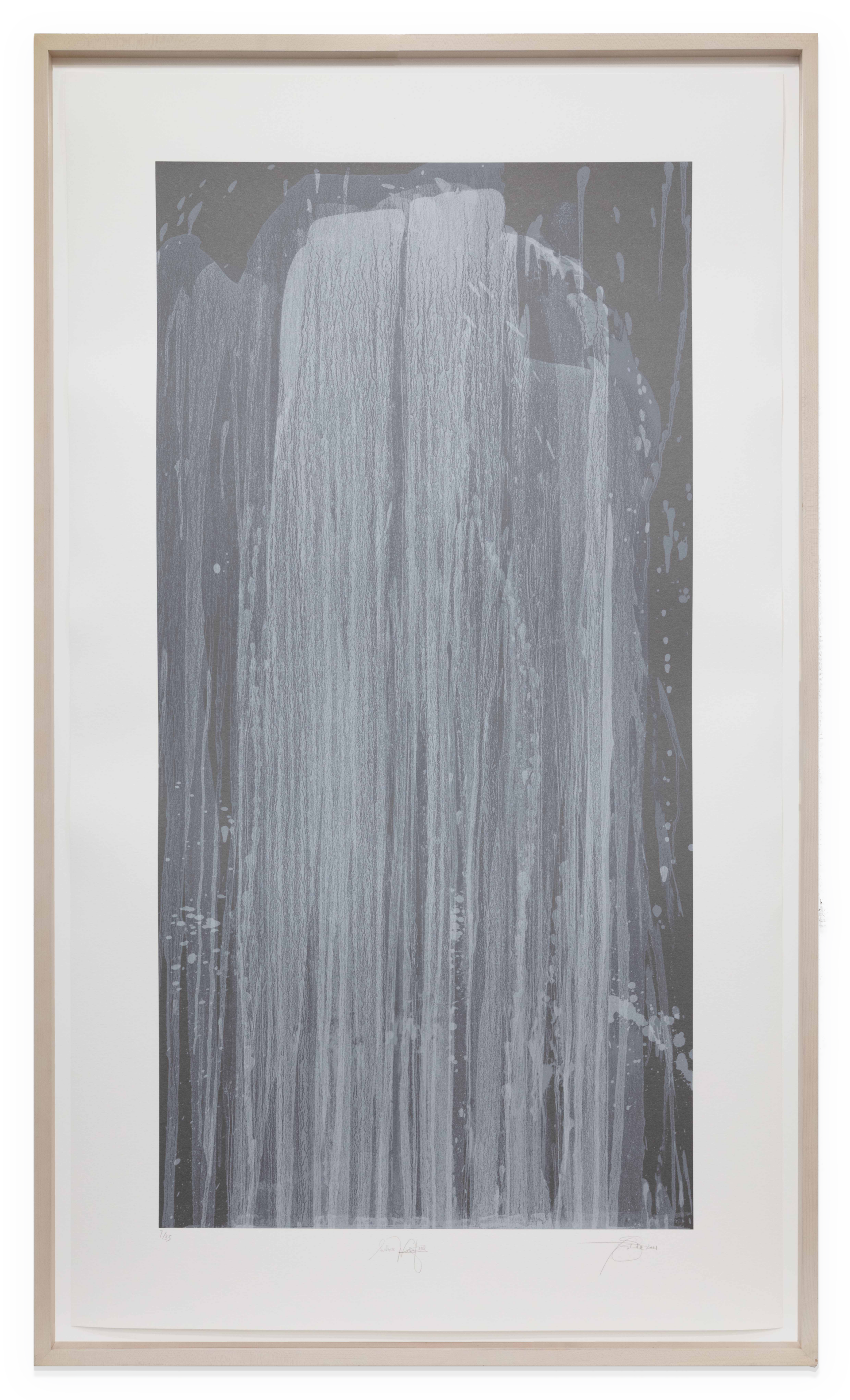 Pat Steir Silver Waterfall, 2001 Screenprint 56 1/4 x 32 inches (142.9 x 81.3 cm) Framed Dimensions: 59 x 34 1/2 inches (149.9 x 87.6 cm) Edition of 35