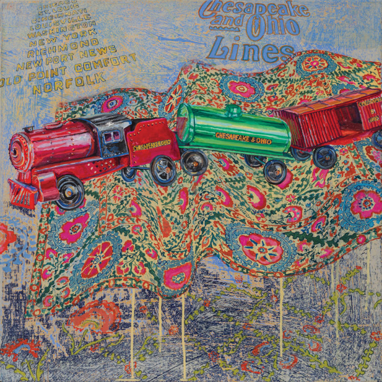 Suzani Freight Train, 2015, Gouache and silverpoint on linen, 22 x 22 inches (55.9 x 55.9 cm)