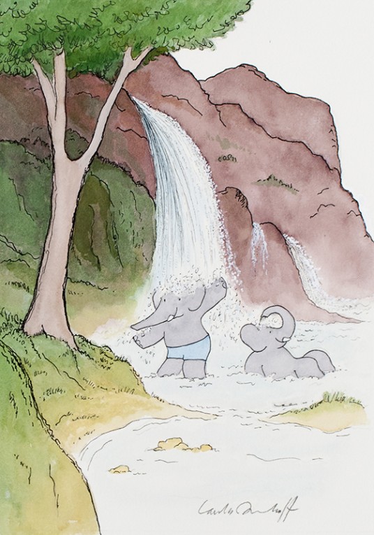 Thanks to him, they had a shower..., 2014, Watercolor, ink and graphite, 15 x 10 1/2 inches (38.1 x 26.7 cm), Original illustration published in Babar on Paradise Island