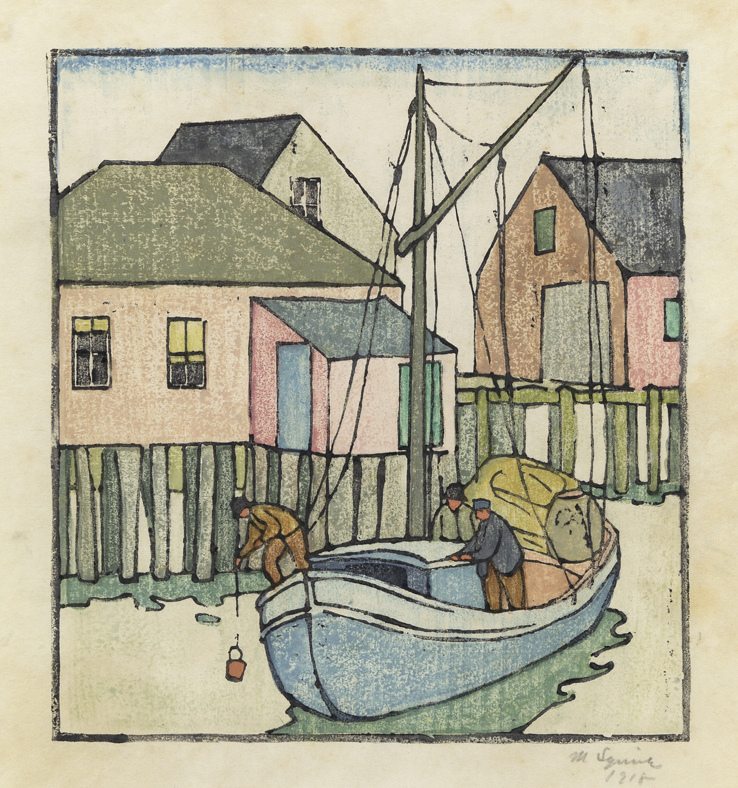 Untitled (Fisherman Setting Bait), 1918, White line woodcut, 17 1/2 x 15 1/4 inches (44.5 x 38.7 cm), Edition size unknown, rare