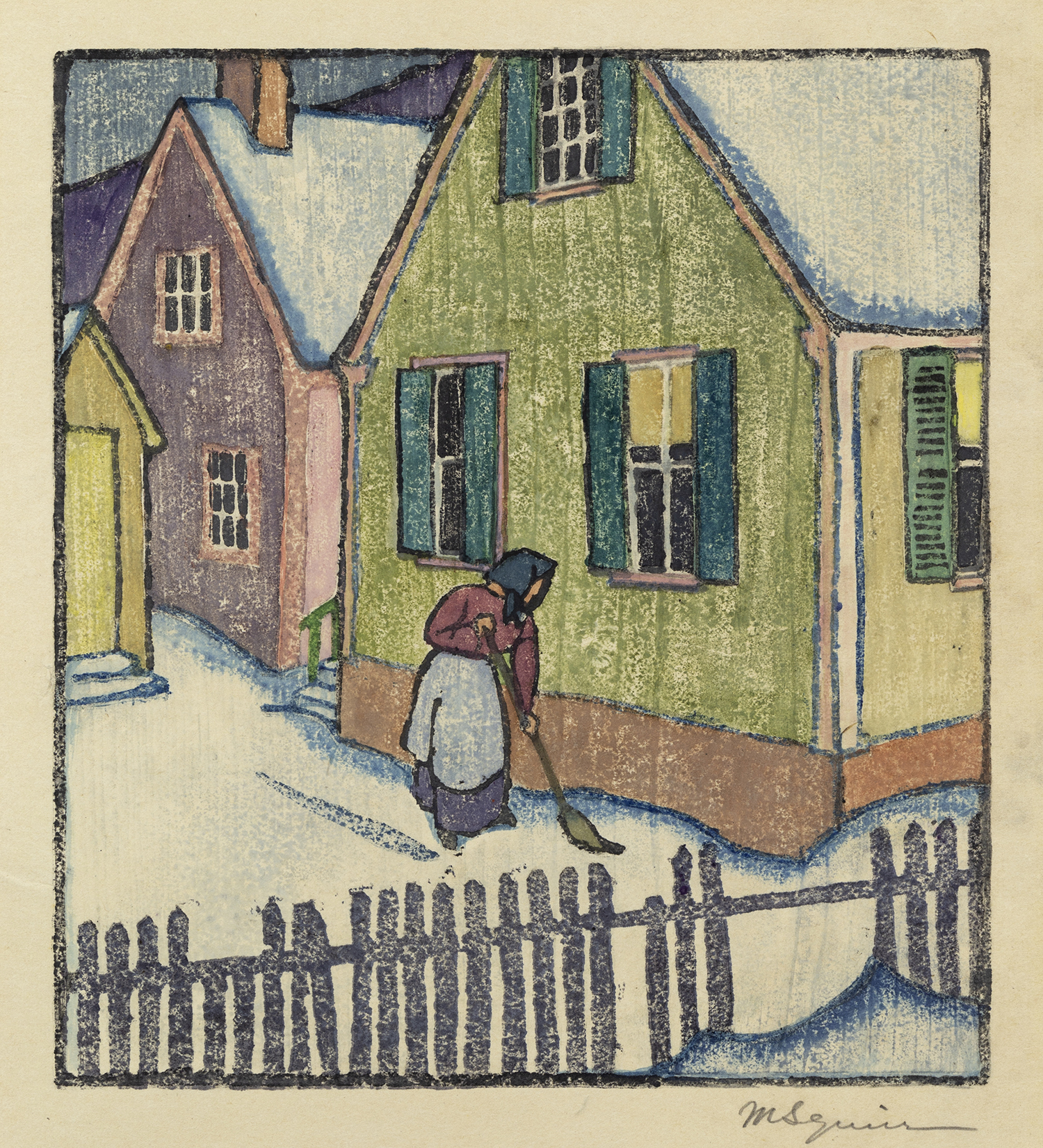 Untitled (Sweeping snow Provincetown), 1917, Provincetown color woodcut, 18 x 15 1/2 inches (45.7 x 39.4 cm)