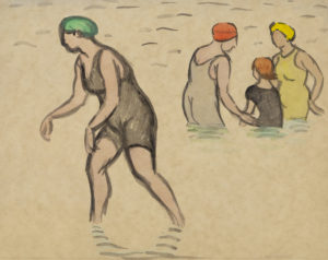 Untitled (Bathers at shore: 3 women and girl with bathing caps)