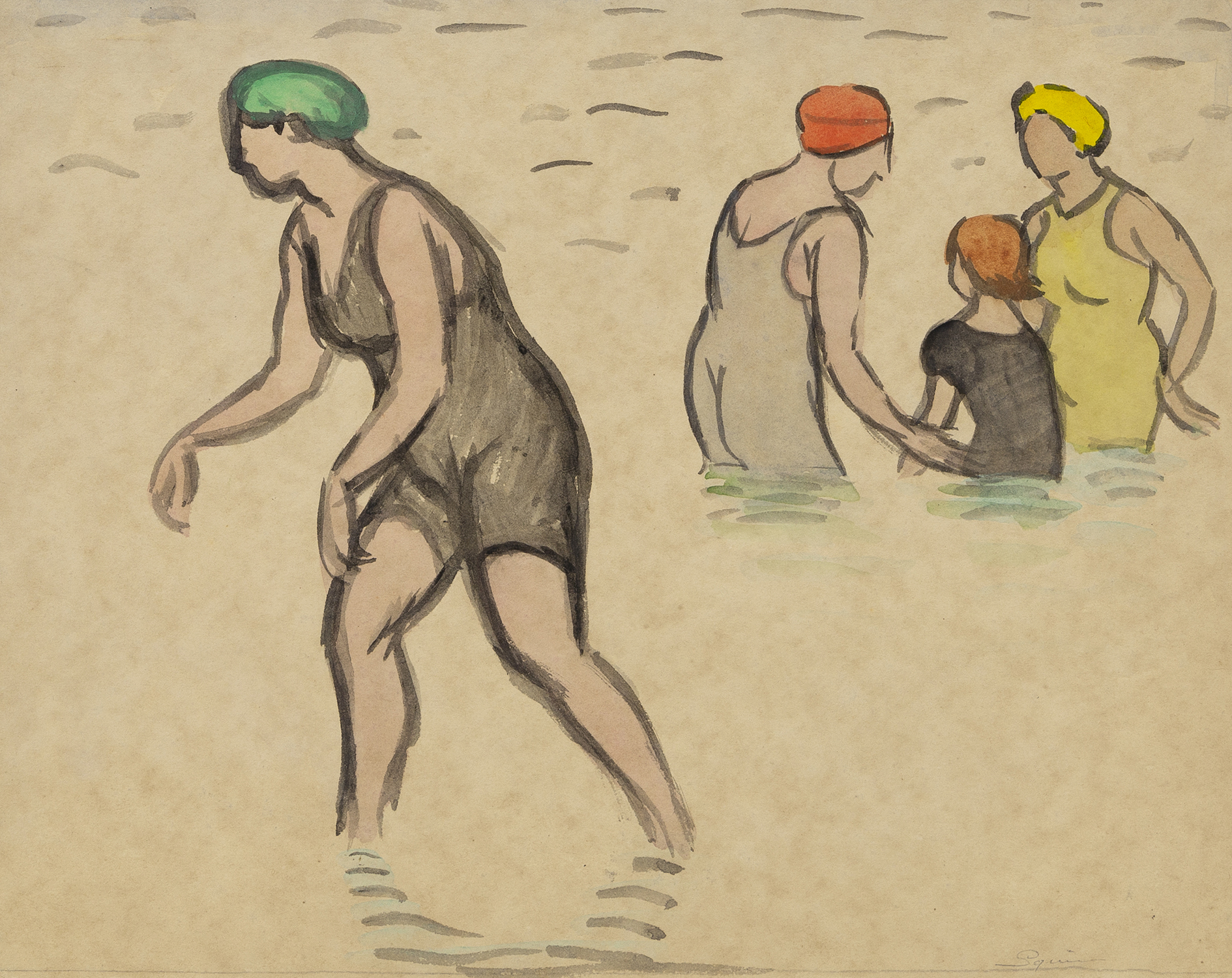 Untitled (Bathers at shore: 3 women and girl with bathing caps), 1917-1919, Watercolor and graphite, 9 x 11 3/8 inches (22.9 x 28.9 cm), Edition size unknown, rare