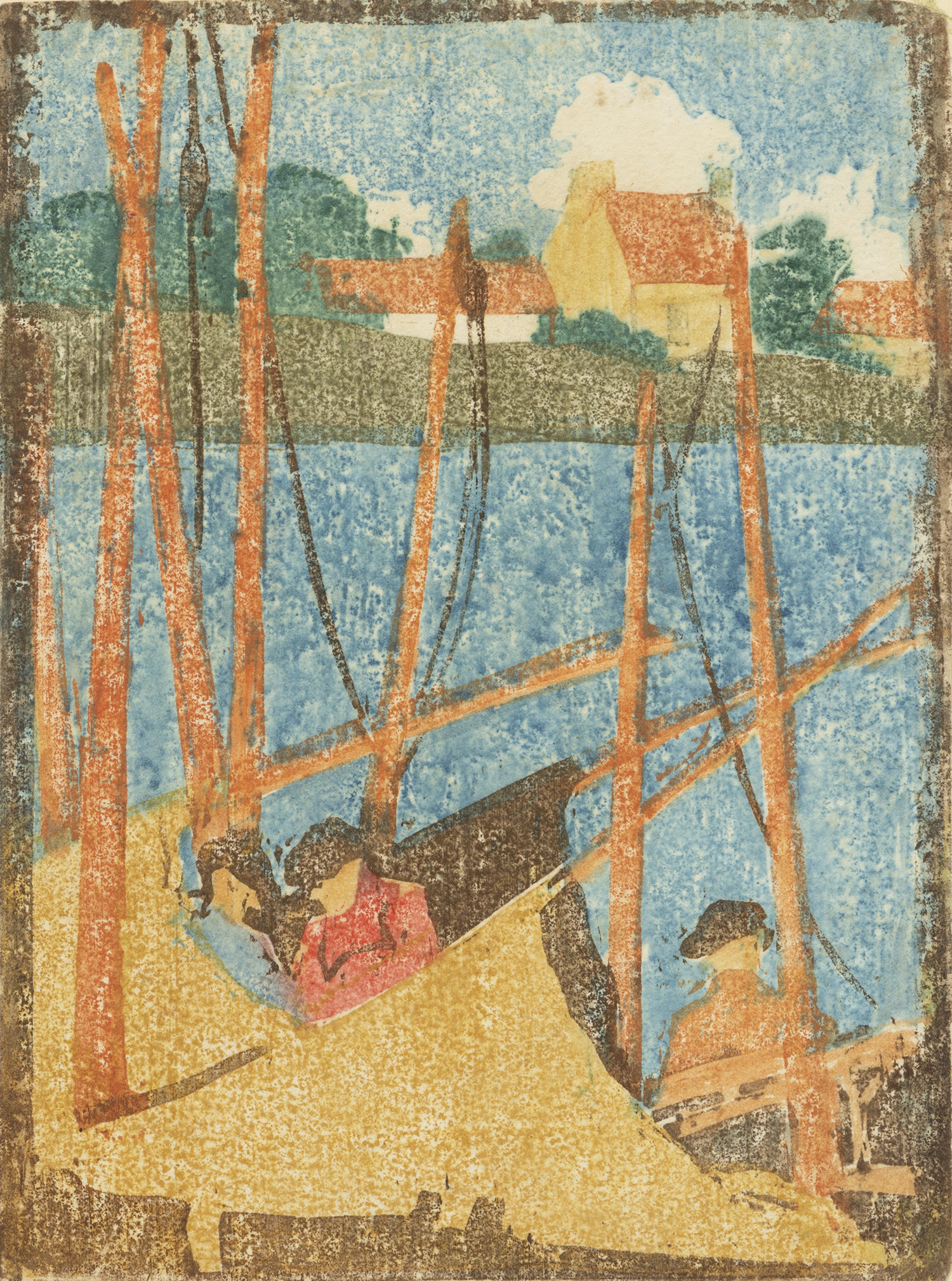 Untitled (mending sail-cloths), 1900-12, Color woodcut, 8 x 5 3/4 inches (20.3 x 14.6 cm), Edition size unknown, rare