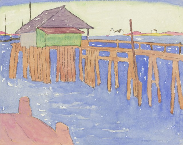 Untitled (pier with green and purple shack), 1915, Watercolor and graphite, 9 3/8 x 11 5/16 inches (23.8 x 28.7 cm)