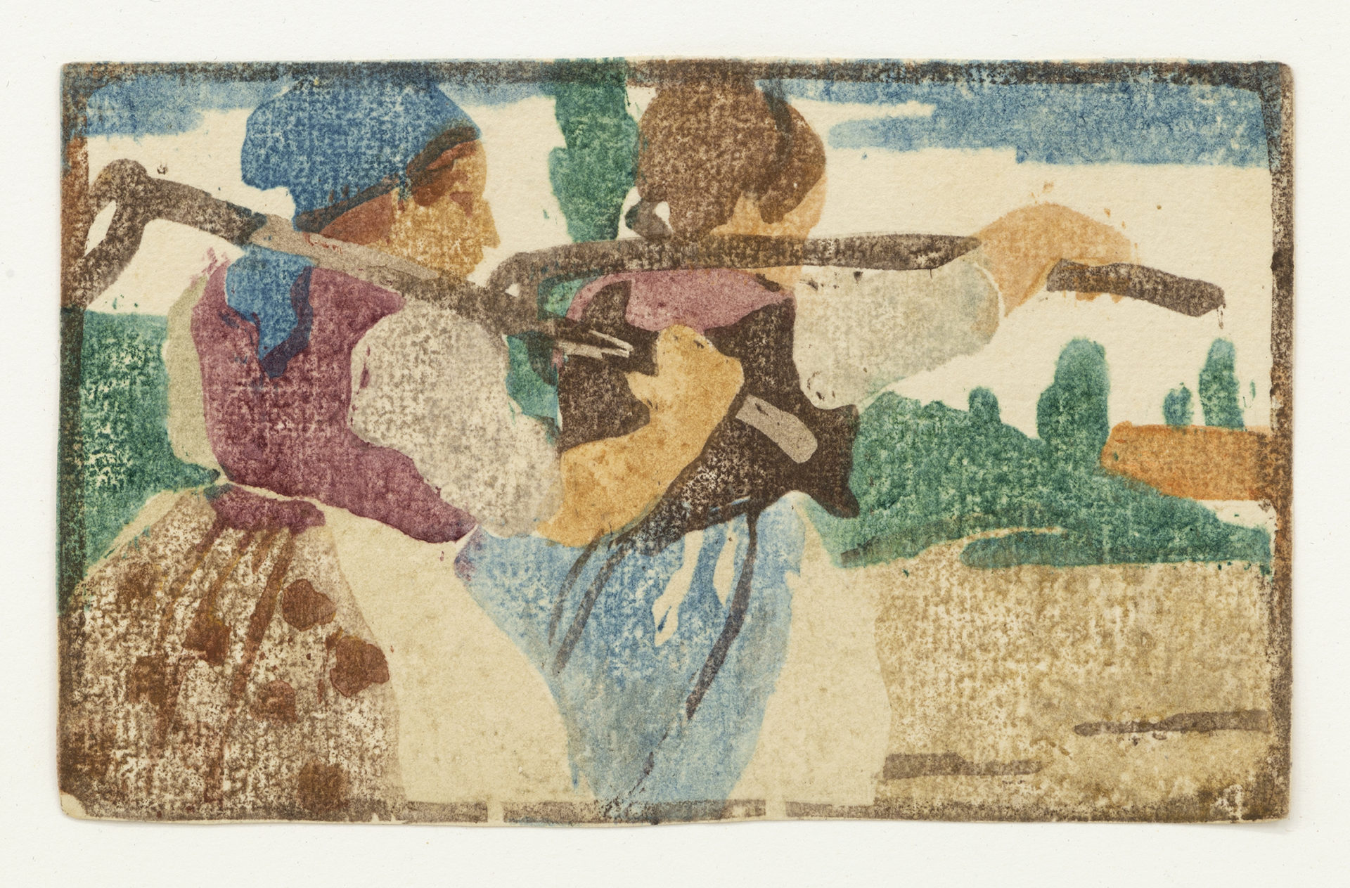 Untitled (Two women with hoes), 1906, Color woodblock, 4 x 6 inches (10.2 x 15.2 cm), Edition size unknown, rare