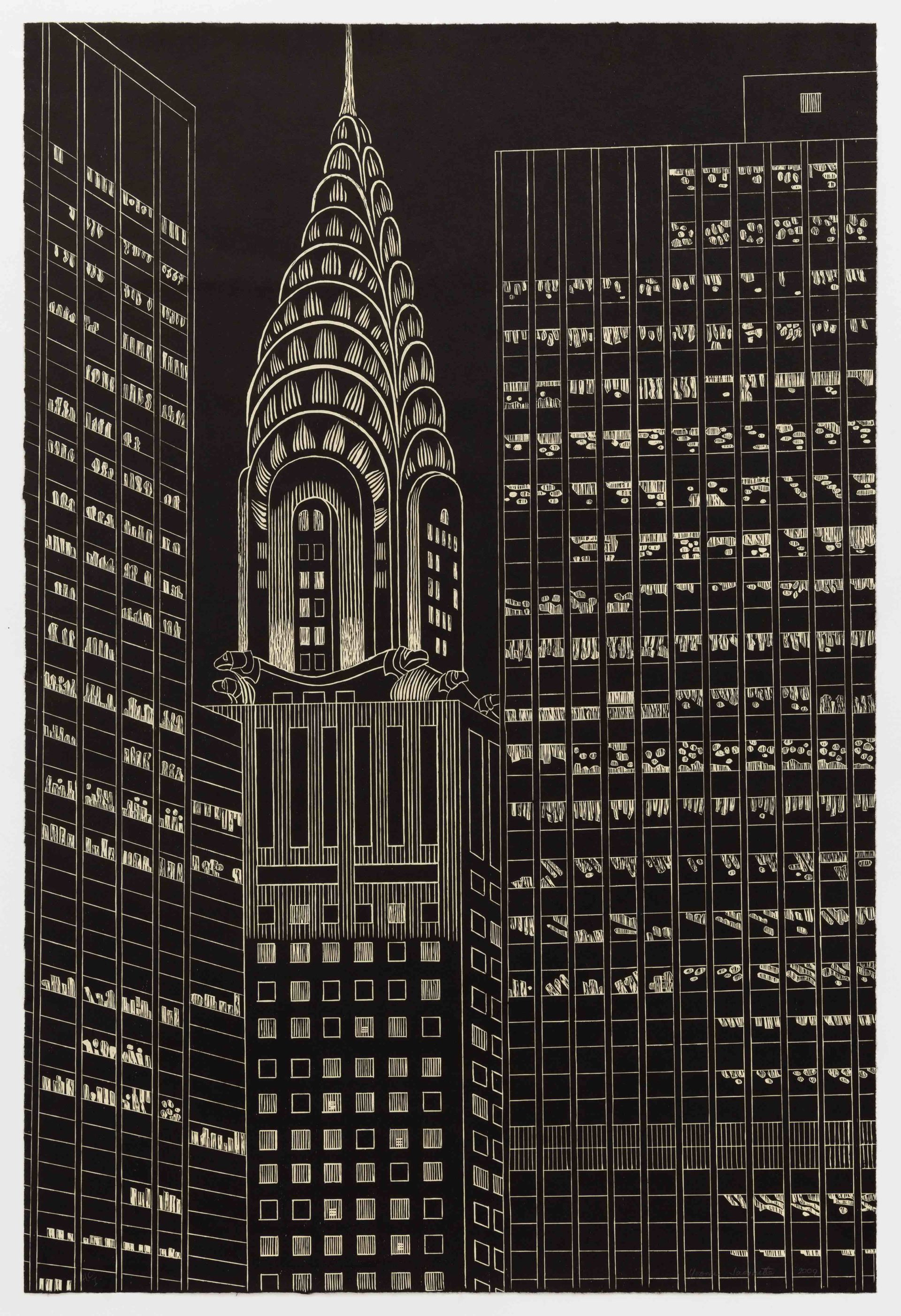 Chrysler Building Flanked by High Rise Buildings, II, 2009, Woodcut, 35 5/8 x 23 1/2 inches (90.4 x 59.7 cm), Edition of 75