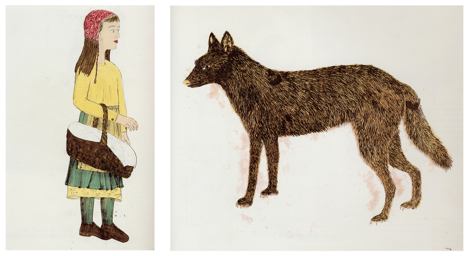 Companions (diptych), 2001, Lithograph in 11 colors, (Girl) 54 5/16 x 33 1/8 inches (138 x 84.1 cm) / (Wolf) 54 5/16 x 66 3/16 inches (138 x 168.1 cm), Edition of 26