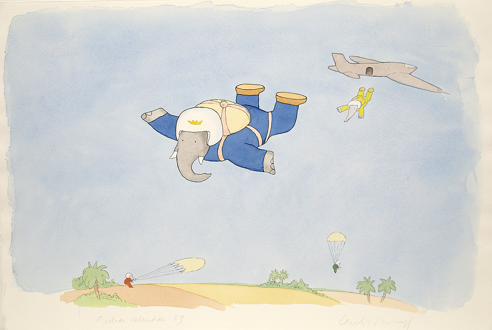 Babar Parachuting, 1988, Watercolor and ink, 12 x 17 inches (30.5 x 43.2 cm)