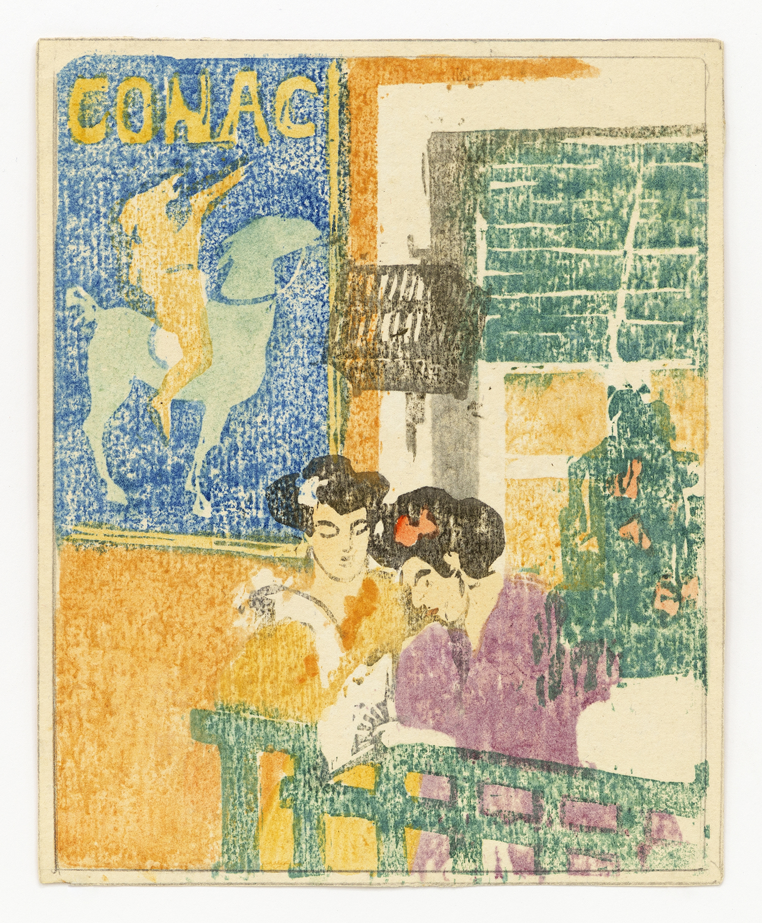Untitled (two women under blue CONAC sign), 1903-12, Color woodblock, 7 1/4 x 5 7/8 inches (18.4 x 14.9 cm), Edition size unknown, rare
