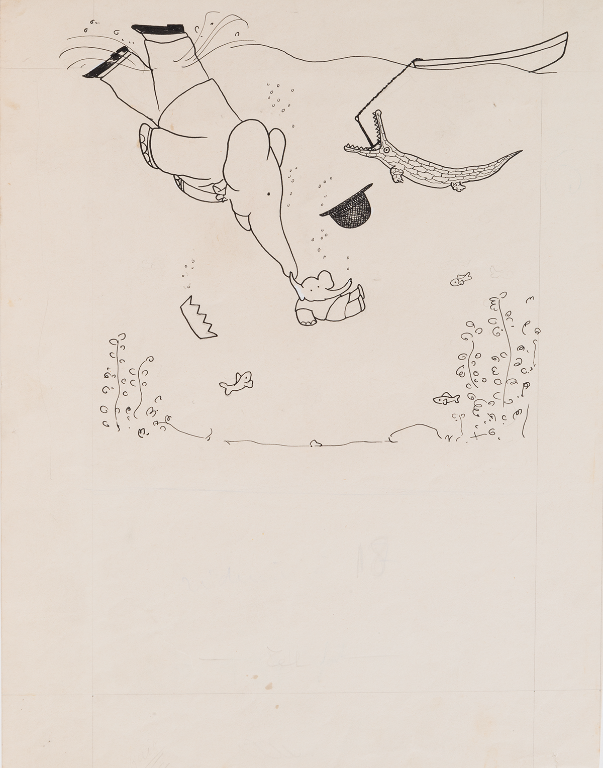 Babar dives in after him, and searches about with his trunk, c.1937, Ink and gouache, 14 1/8 x 10 5/8 inches (35.9 x 27 cm)