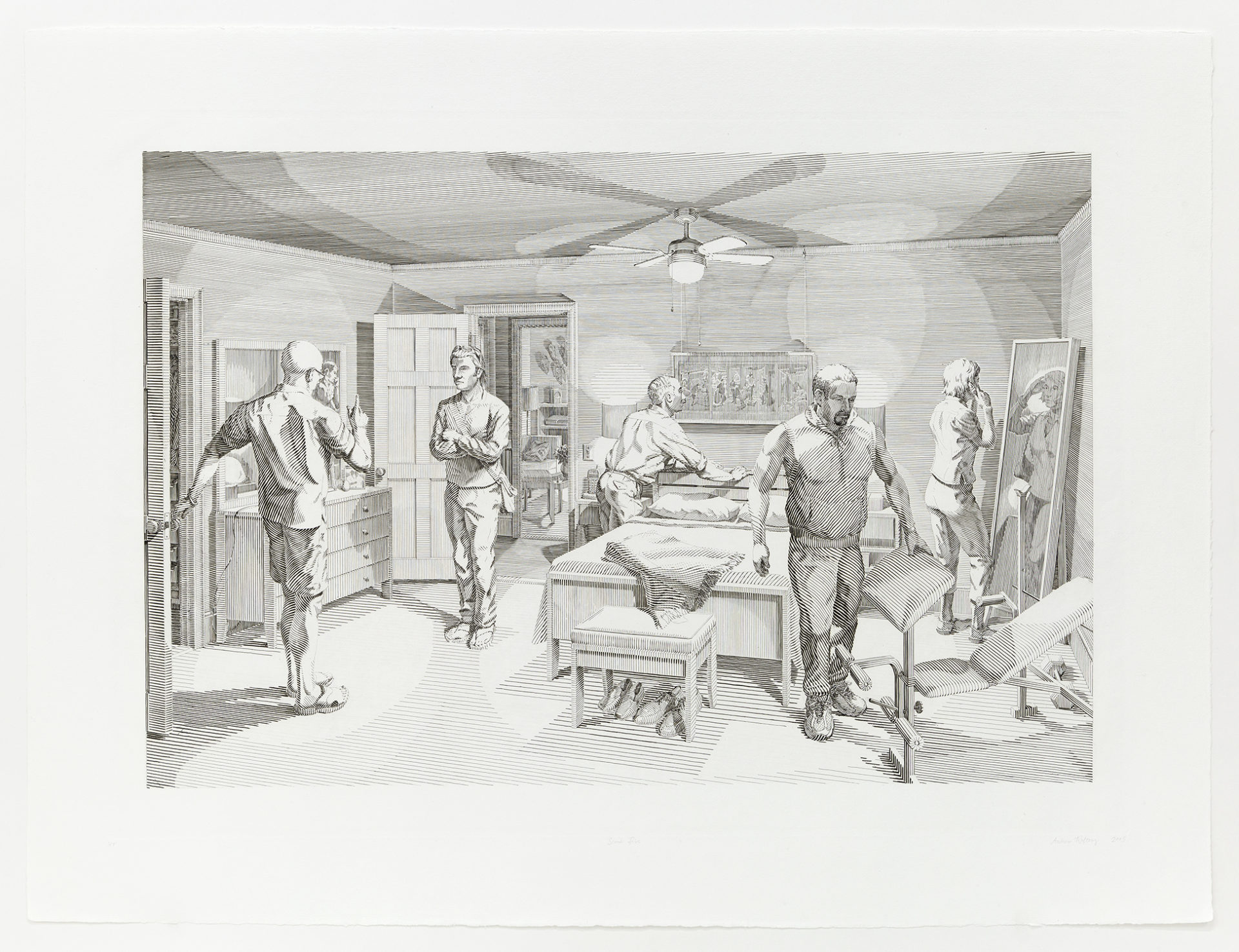 Open House: Five Engraved Scenes - Scene Five - Master Bedroom, 2008, Copperplate engraving, 22 x 30 inches (55.9 x 76.2 cm), Edition of 50