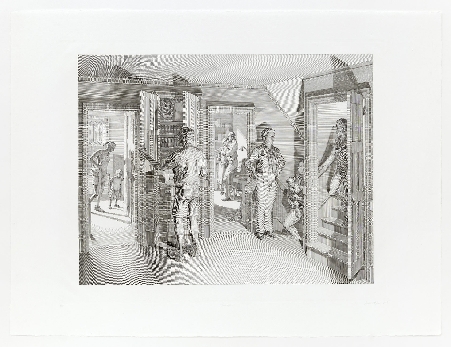 Open House: Five Engraved Scenes - Scene Four - Upstairs Hallway, 2008, Copperplate engraving, 22 x 30 inches (55.9 x 76.2 cm), Edition of 50