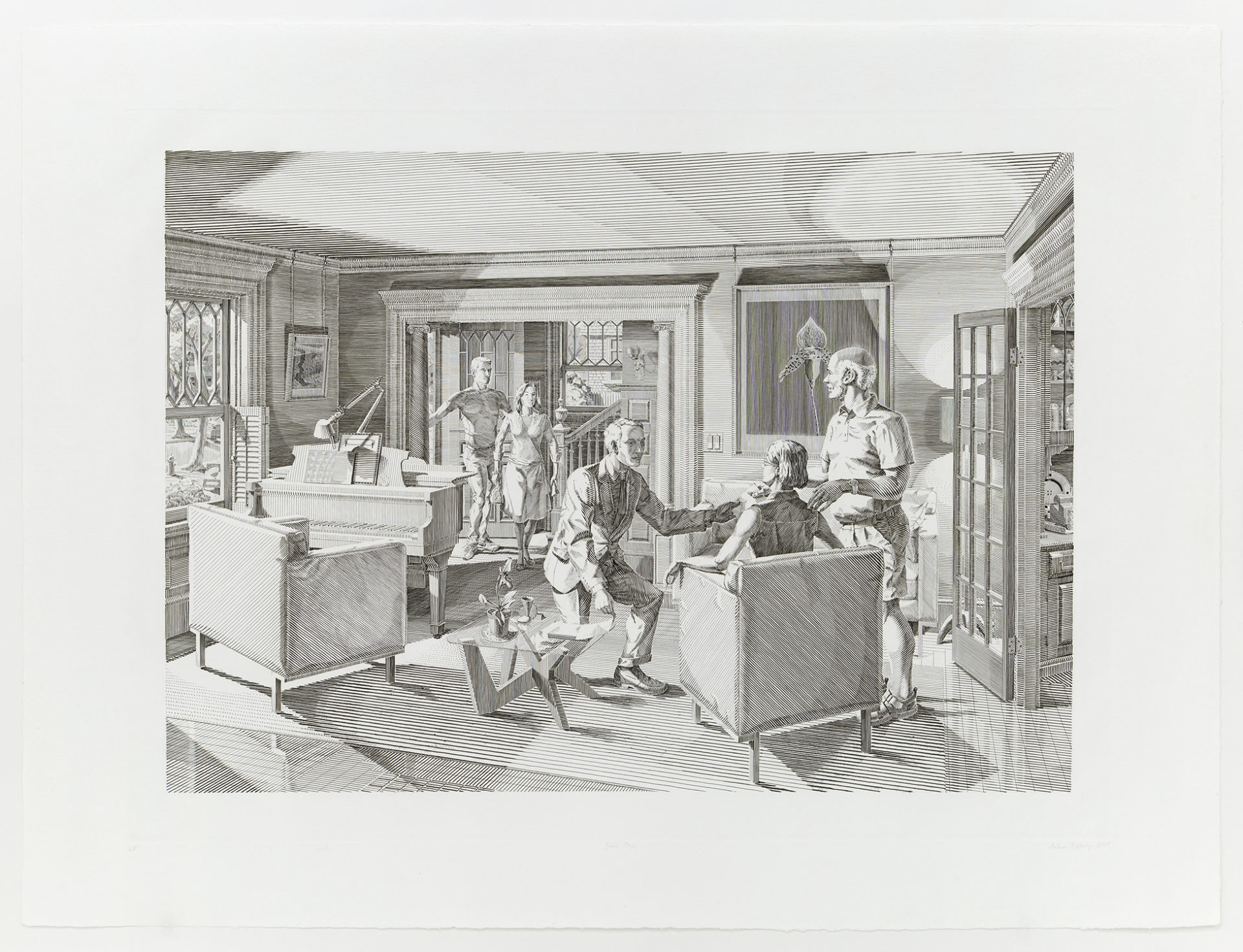 Open House: Five Engraved Scenes - Scene One - Living Room, 2008, Copperplate engraving, 22 x 30 inches (55.9 x 76.2 cm), Edition of 50