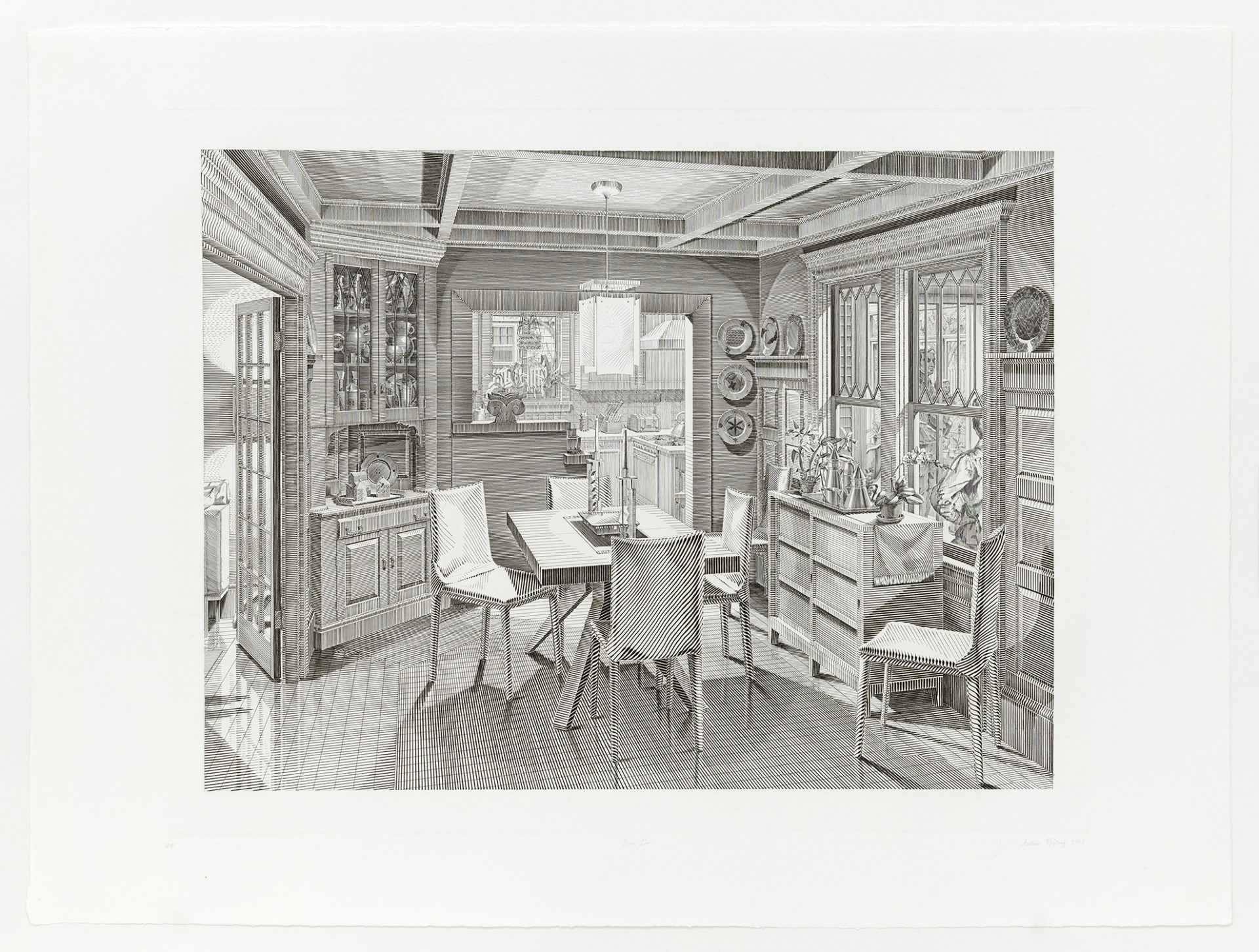 Open House: Five Engraved Scenes - Scene Two - Dining Room, 2008, Copperplate engraving, 22 x 30 inches (55.9 x 76.2 cm), Edition of 50