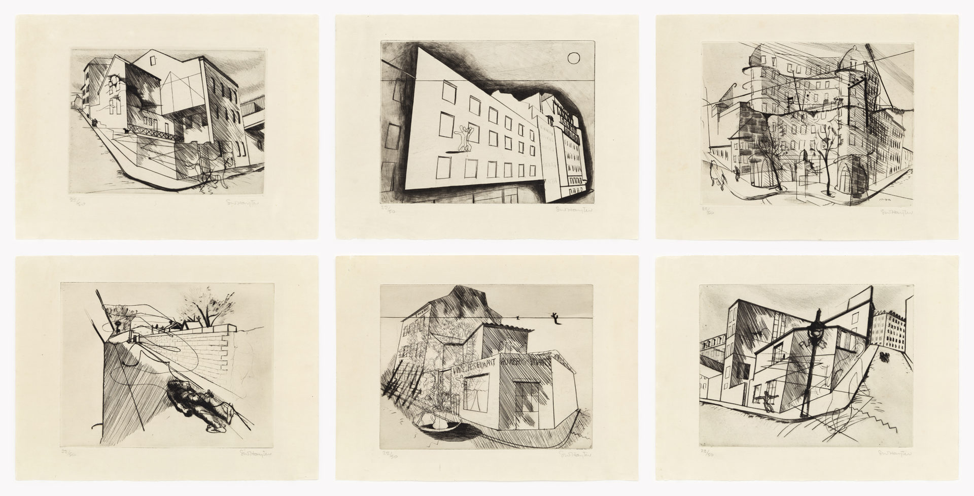 Paysages Urbains, 1930, Drypoint and engraving 11 x 15 inches (27.9 x 38.1 cm) each Edition of 50