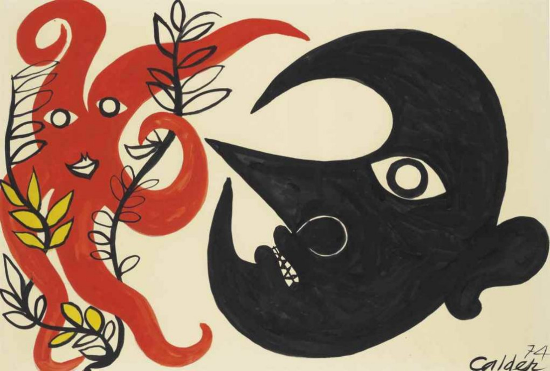 Curly Star and Moon, 1974, Gouache and ink on paper