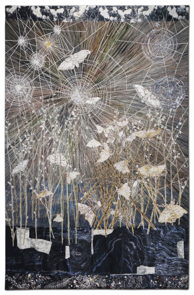 Spinners, 2014, Jacquard tapestry with hand painting and gold leaf
