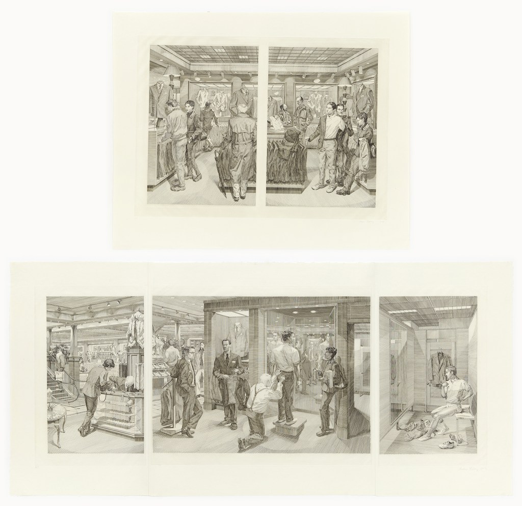 Suit Shopping: An Engraved Narrative, 2002, Copperplate Engraving, 19 x 41 inches (48.3 x 104.1 cm), Edition of 30