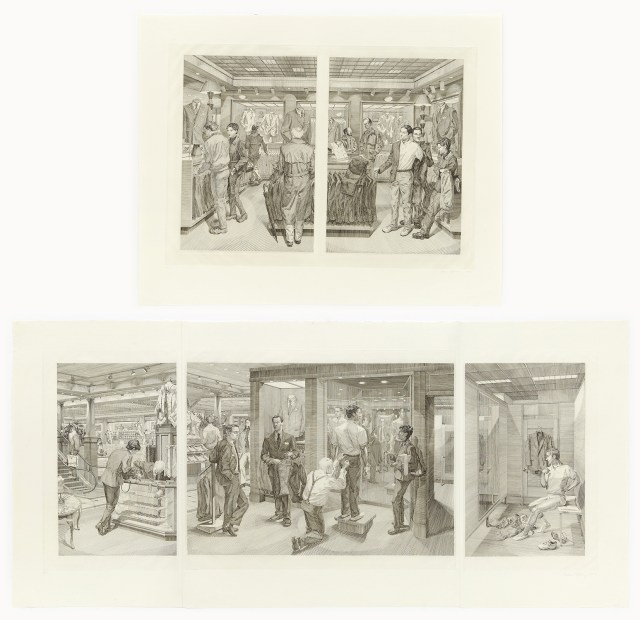 Suit Shopping: An Engraved Narrative, 2002, Copperplate Engraving, 19 x 41 inches (48.3 x 104.1 cm), Edition of 30
