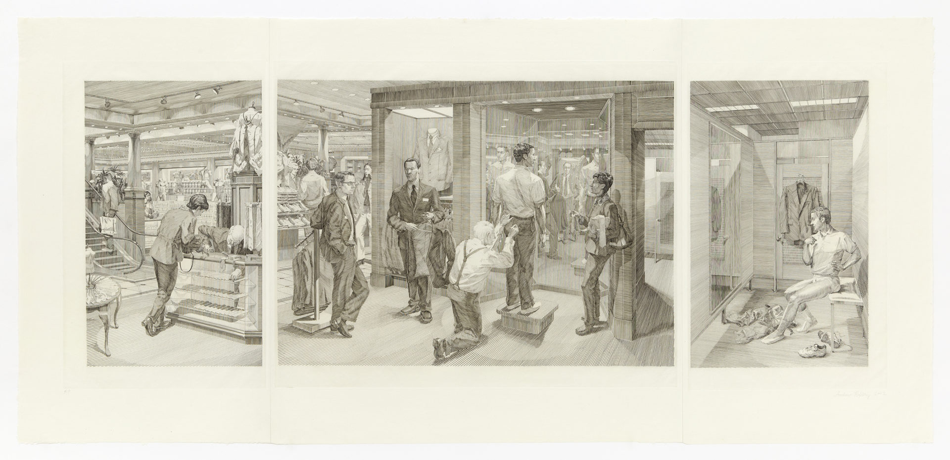 Suit Shopping: An Engraved Narrative, 2002, Copperplate Engraving, 19 x 41 inches (48.3 x 104.1 cm), Edition of 30