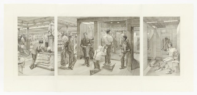 Suit Shopping: An Engraved Narrative, 2002, Copperplate Engraving, 19 x 41 inches (48.3 x 104.1 cm), Edition of 30