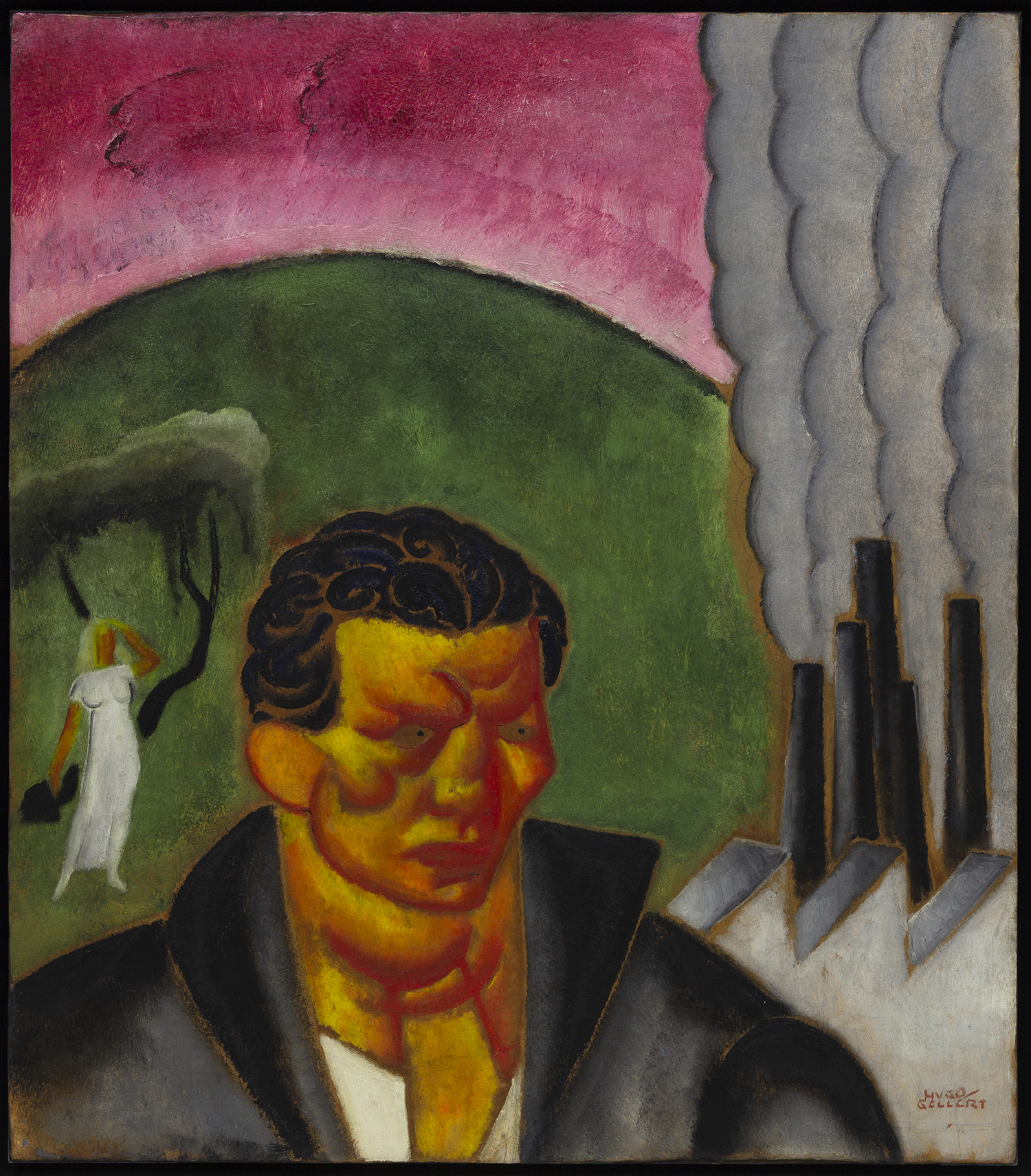 Untitled (Figure with Smokestacks), ca. 1920s, Oil on masonite, 24 1/4 x 21 1/8 inches (61.6 x 53.7 cm)