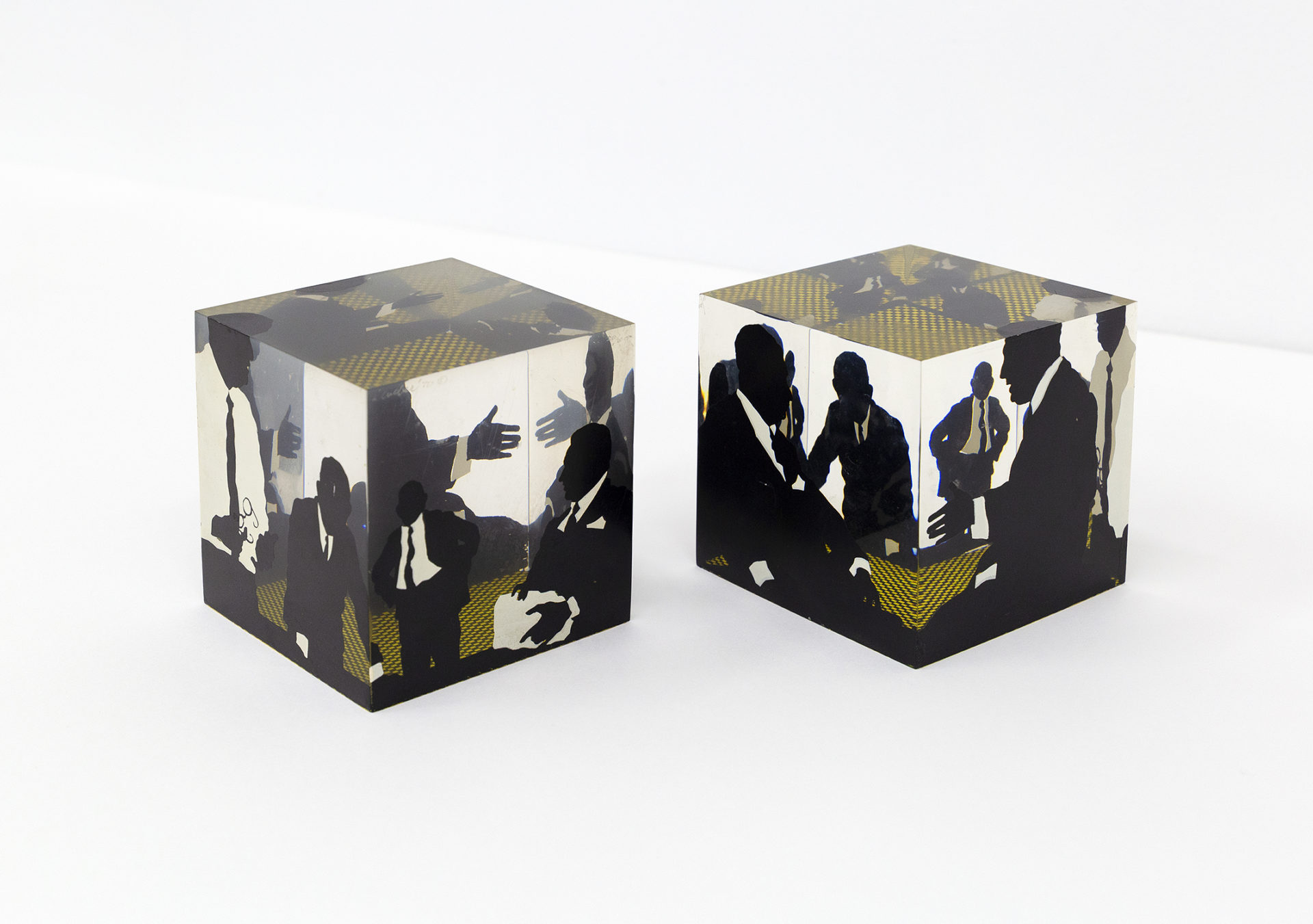 Untitled (pair), 1970, Screenprint on acrylic cubes, 4 x 4 x 4 inches (10.2 x 10.2 x 10.2 cm), Edition of 100