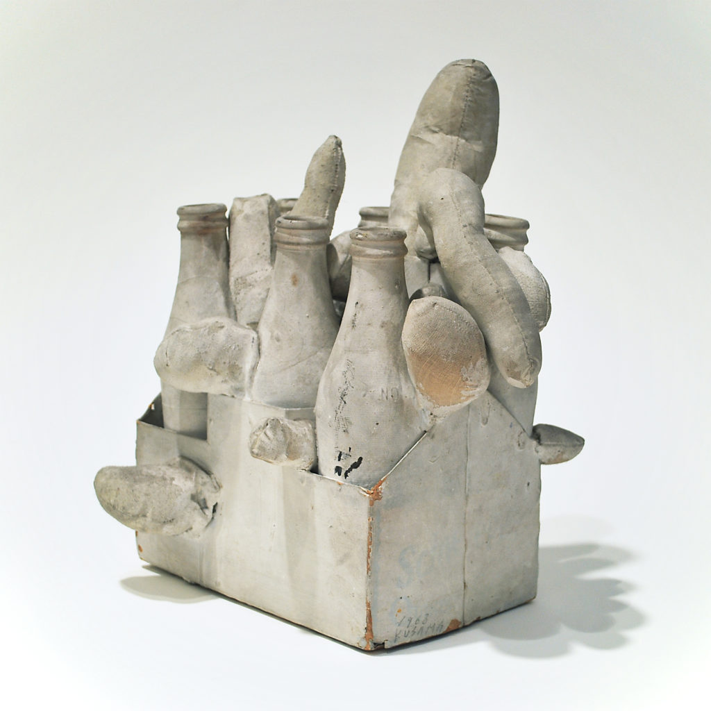 Untitled, 1963, Sewn stuffed fabric, six bottles and paint