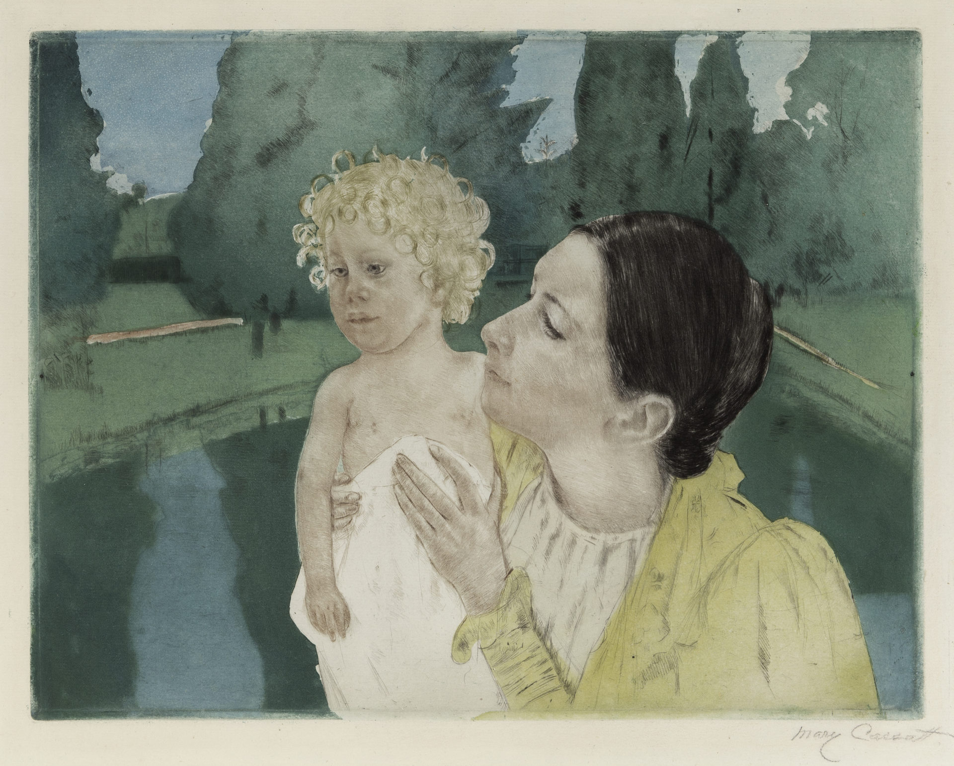 By the Pond (Fourth State), c. 1896 Color drypoint and aquatint Image: 13 x 16 7/8 inches (33 x 42.9 cm) Paper: 16 5/8 x 19 3/4 inches (42.2 x 50.2 cm)