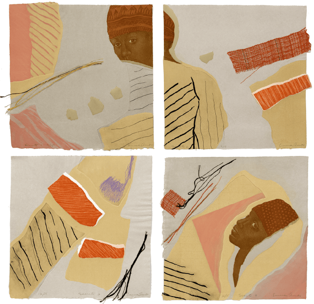 Secrets (4 parts), 1981 Etching, aquatint, chine colle and handmade paper with collage and hand weaving 21 x 20 3/4 inches (53.3 x 52.7 cm) each 43 x 42 1/2 inches (109.2 x 107.6 cm) (including spacing) Edition of 15
