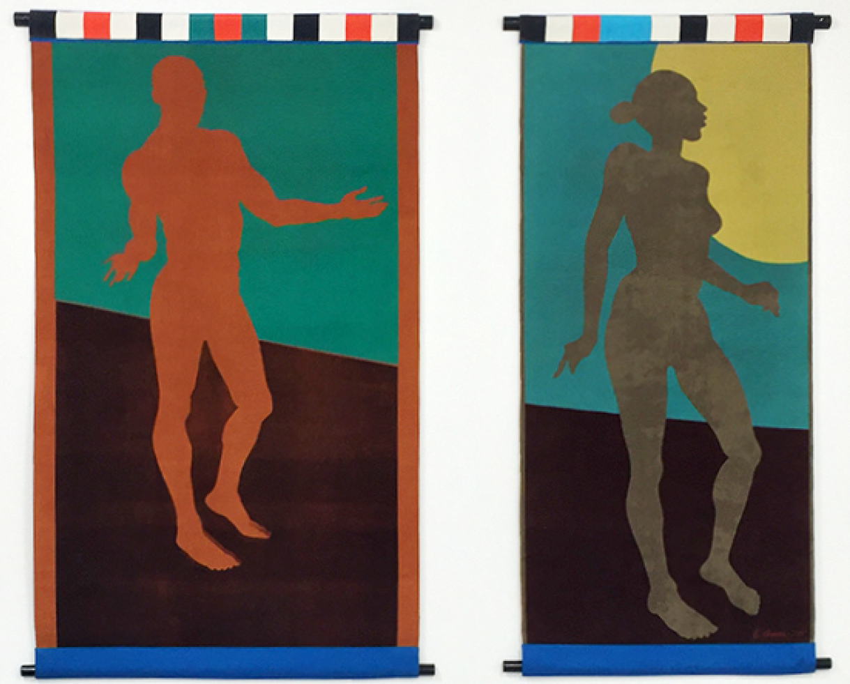 Baby (diptych), 2001 Unique stencil printed on fabric with woven African fabric border Woman: 61 x 26 3/4 inches (154.9 x 67.9 cm) Man: 61 1/2 x 35 1/4 inches (156.2 x 89.5 cm)