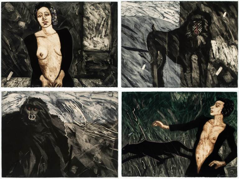 Emma Amos Creatures of the Night, 1985 Set of 4 intaglio printed silk collagraphs 22 x 30 inches (55.9 x 76.2 cm) each Edition of 15