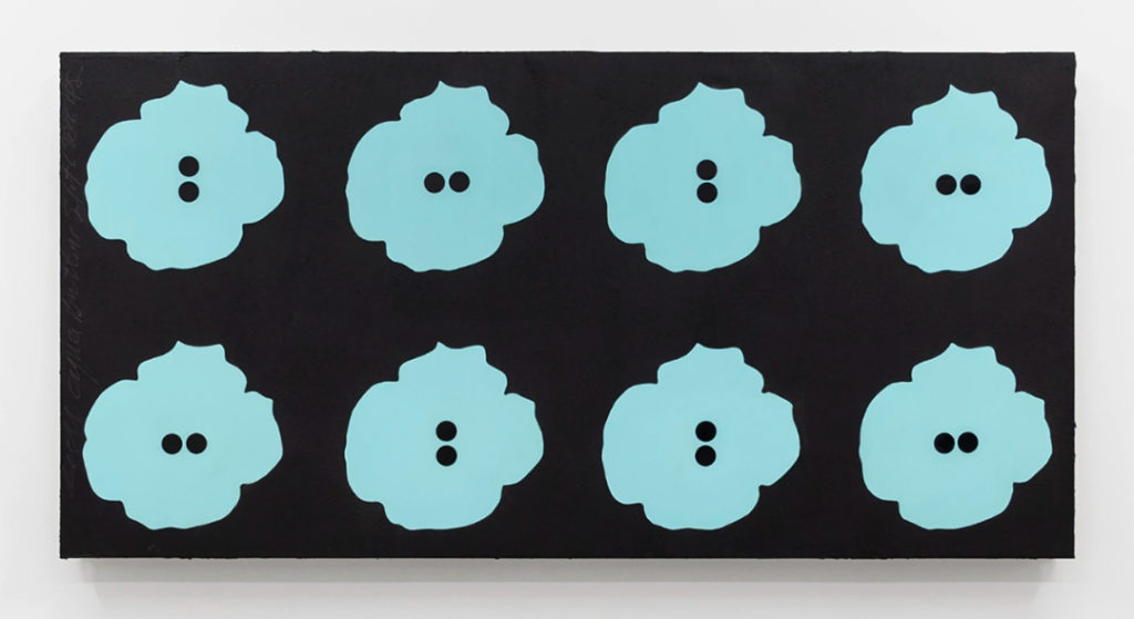 Eight Aqua Buttons Sept 6, 2018, 2018 Tar and enamel on masonite 36 x 72 in (91.4 x 182.9 cm)