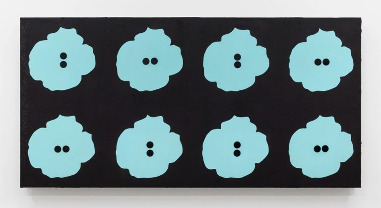 Eight Aqua Buttons Sept 6, 2018, 2018 Tar and enamel on masonite 36 x 72 in (91.4 x 182.9 cm)