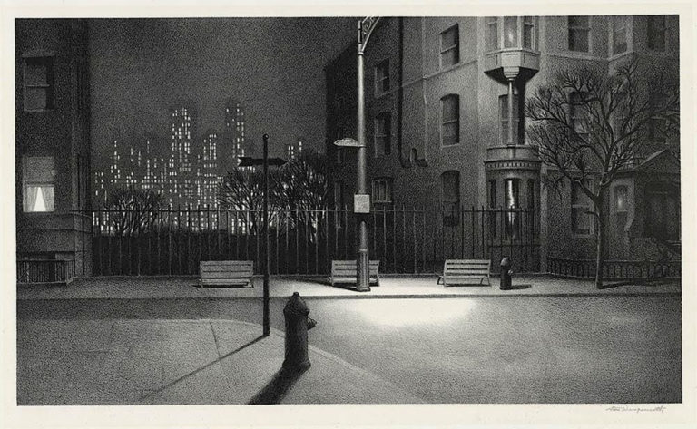 Stow Wengenroth New York Nocturne, 1945 Lithograph Image: 9 5/16 x 15 15/16 inches (23.65 x 40.48 cm) Edition of 85 Collections: Cleveland Museum, Met, MoMA, PAFA, RISD