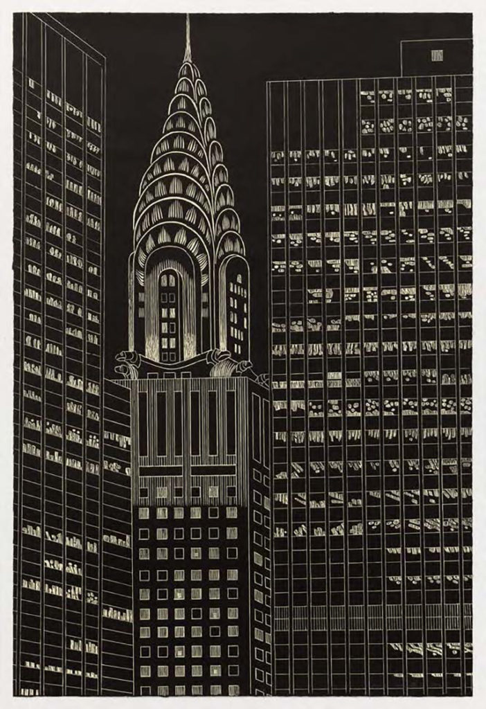 Yvonne Jacquette Chrysler Building Flanked by High Rise Buildings, II, 2009 Woodcut on Okawara paper 35 5/8 x 23 1/2 inches (90.5 x 59.7 cm) Edition of 75