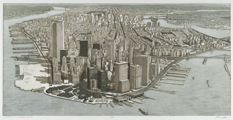 Richard Haas Manhattan View, Battery Park Day, 1979-1980 Etching with aquatint Image: 21 1/4 x 42 3/4 inches (53.98 x 108.59 cm) Edition of 50 Publisher: Brooke Alexander Inc Collection: Brooklyn Museum