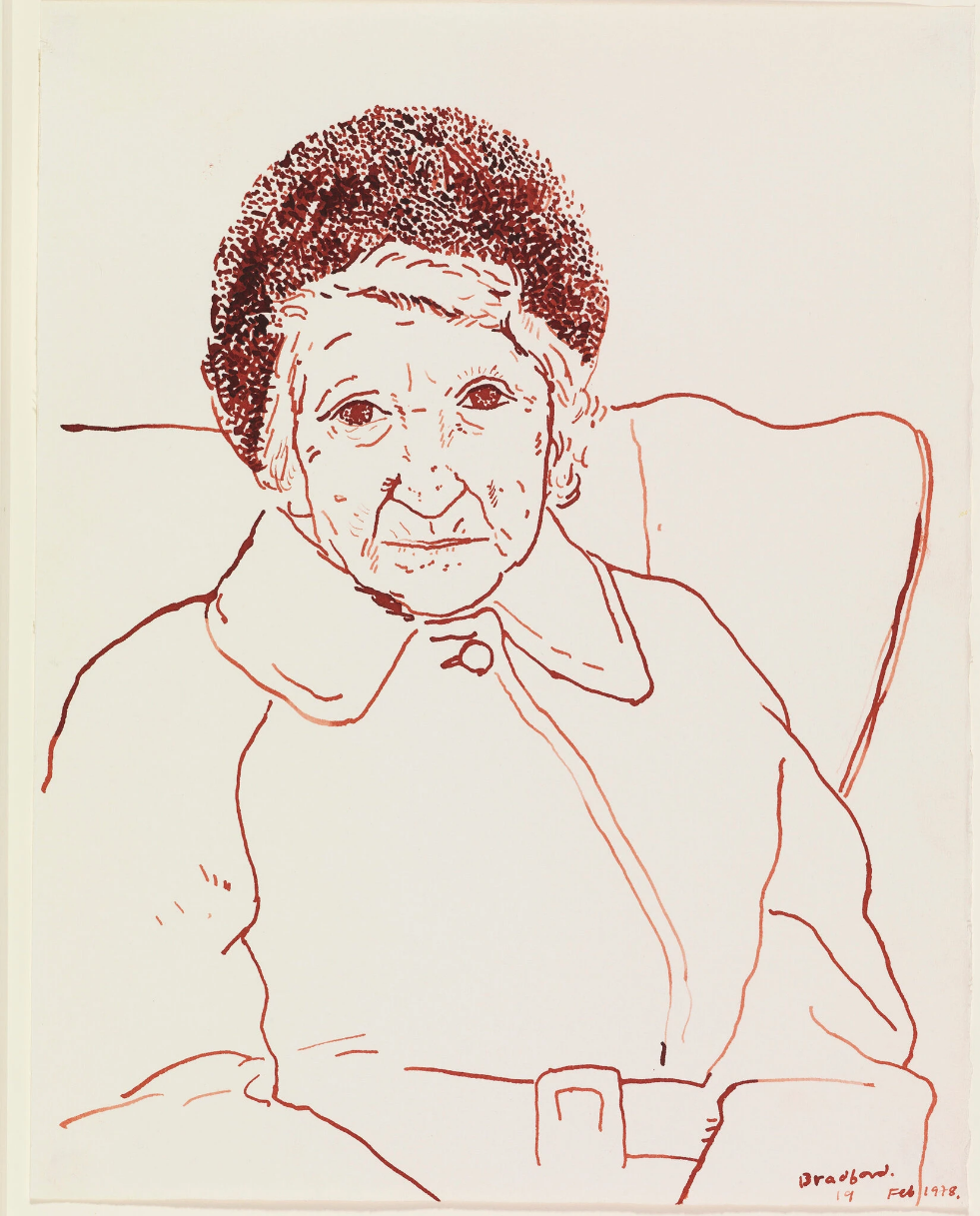 “Mother, Bradford. 19 Feb 1978,” sepia ink on paper. Credit The David Hockney Foundation